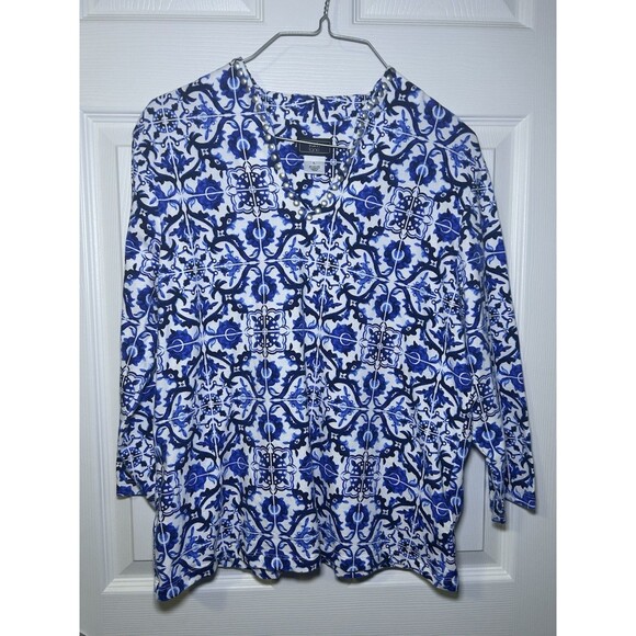 Lark Lane Women’s Long Sleeve Embellished Blouse Blue/White Size Large - Picture 1 of 7
